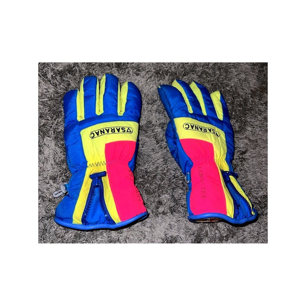 Vintage Saranac Ski Gloves Youth Medium Hot‎ Pink Blue Yellow 80s, 90s B-4